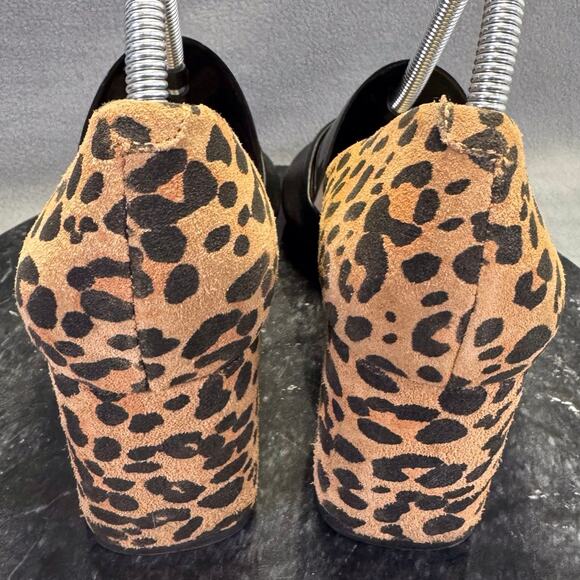 Seychelles Leopard Print & Black Leather Peep Toe Block Heels Women's Size 8 US - Picture 4 of 12